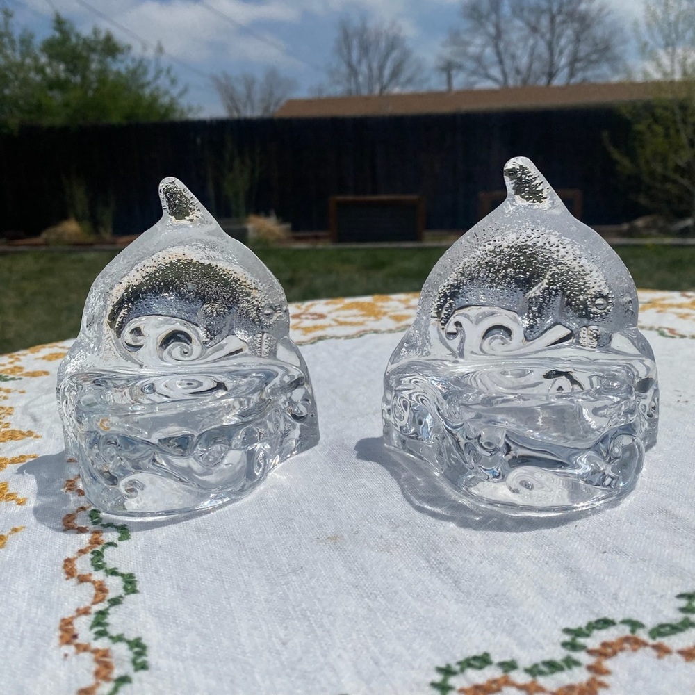 Glass dolphin and wave tea light candle holder